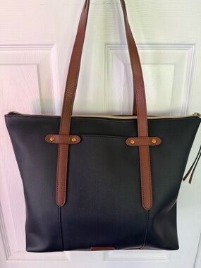 Fossil Tote  Black w/ Brown Faux Leather, Logo Patch exterior pocket